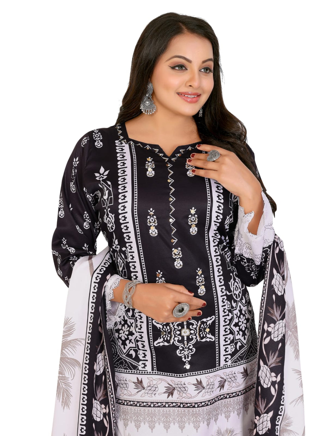 ICF Women's Silk Blend Black & White Printed & Embroidered Kurti with Pant & Dupatta Set