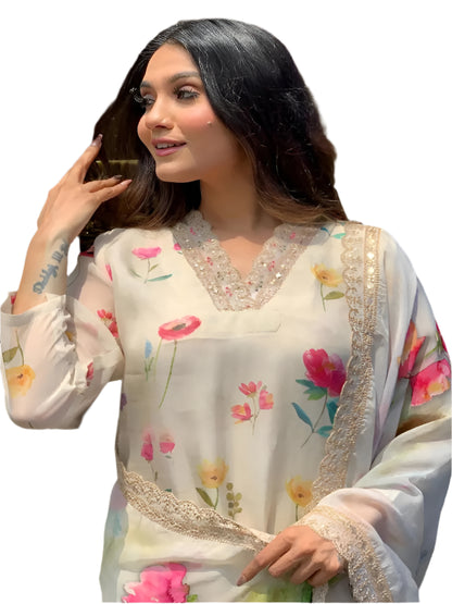 ICF Women Teby Silk  Floral Print Kurta with Pant & Dupatta