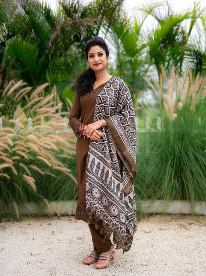 ICF Women Brown Khadi Cotton Suit Set with Embroidery & Digital Print Dupatta