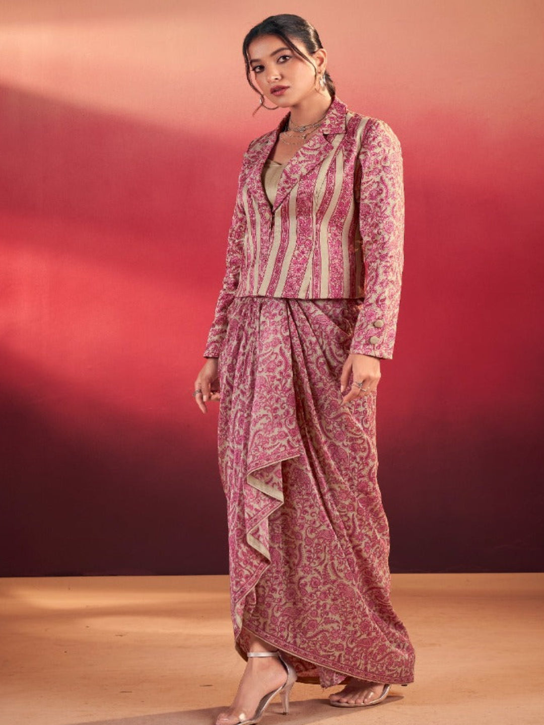 Women's Tasar Silk Printed 3-Piece Indo Western - Stitched Blouse, Top & Trousers- RE