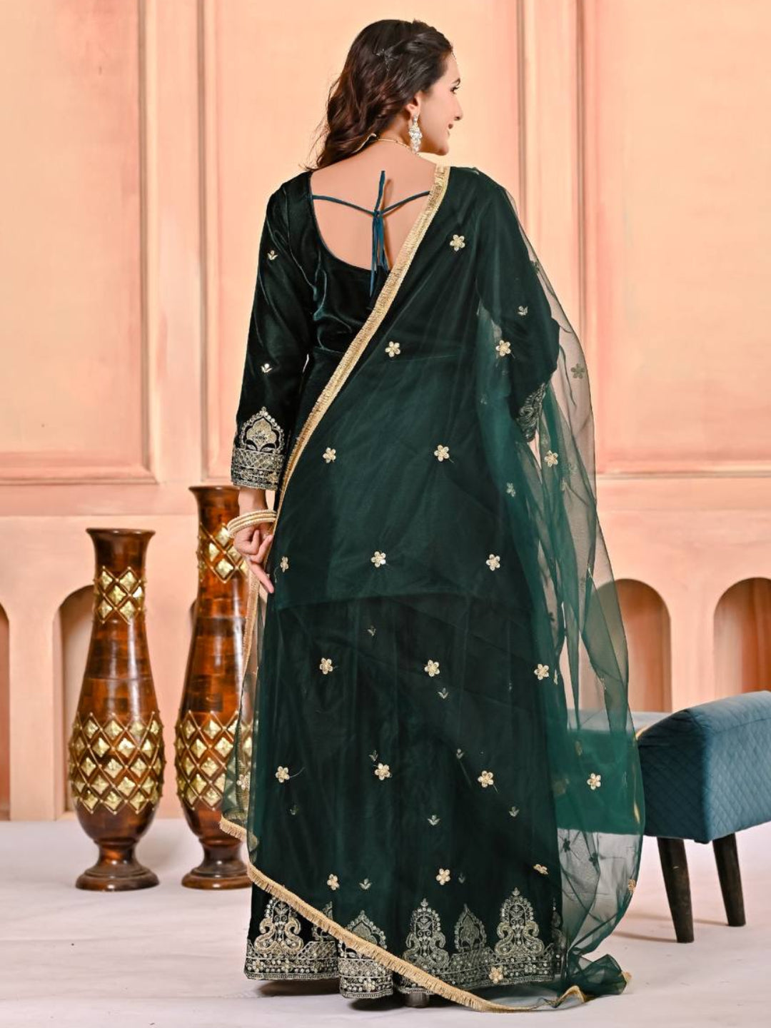 RE Pure Heavy Viscous Velvet Embroidered Sharara Palazzo Suit Set with Butterfly Net Dupatta (Sizes M-XXL)