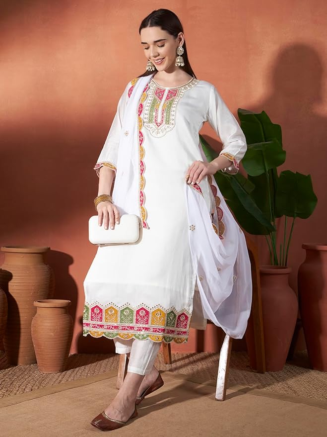 ICF Women’s White Vertigan Embroidered Kurta Set with Georgette Dupatta