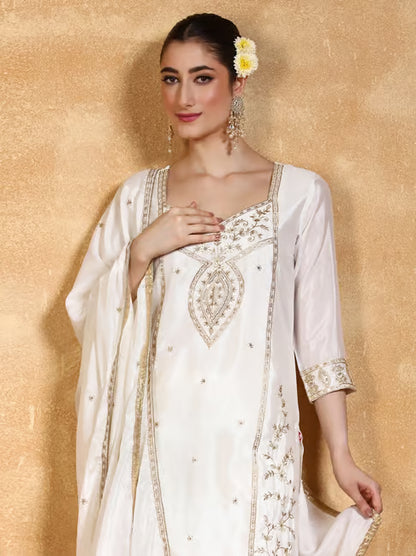 KF Zari Embroidered Yoke Kurta With Sarara Pant And Dupatta