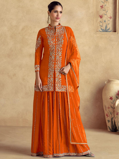 ES Top and Plazzo in Premium Chinon Silk (Free Size Stitch) & Dupatta in Premium Net
