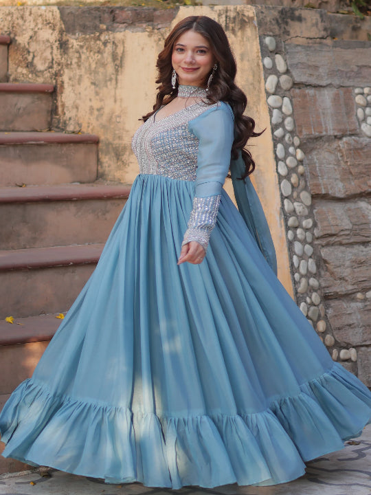 ES Star Georgette Gown with Embroidery Beads Sequins-work