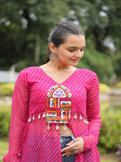 ES front open long kurti with Leheriya print and kutchi patchwork