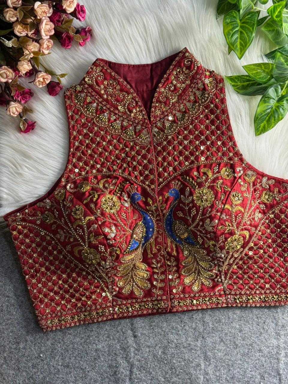 YNF Ready-to-Wear Padded Blouse Italian Silk Halter Neck with Heavy Hand Embroidery