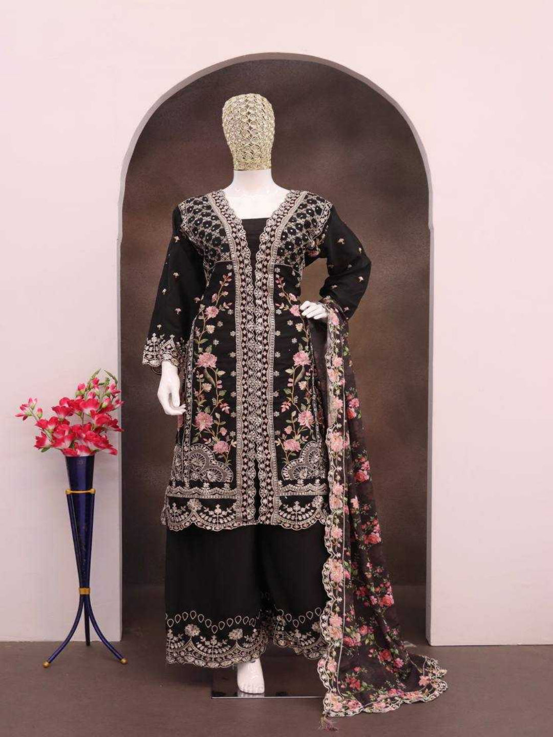 YNF Stitched Real Vichitra Silk Sequence Work Palazzo Suit with Embroidered Dupatta