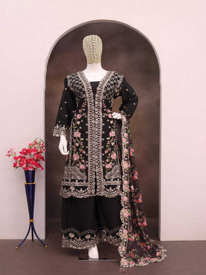 YNF Stitched Real Vichitra Silk Sequence Work Palazzo Suit with Embroidered Dupatta