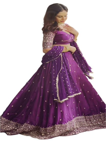 ES Satin silk Lehenga Choli & Dupatta with Thread with Sequins