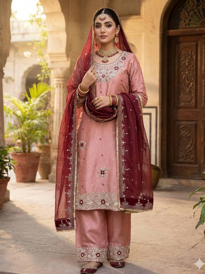 Women's Pure GMY Silk Heavy Sequence Embroidered Kurta Palazzo Set with Dupatta-RE