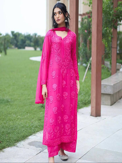 RE Designer Embroidered Georgette Kurti Palazzo Set with Lace Dupatta