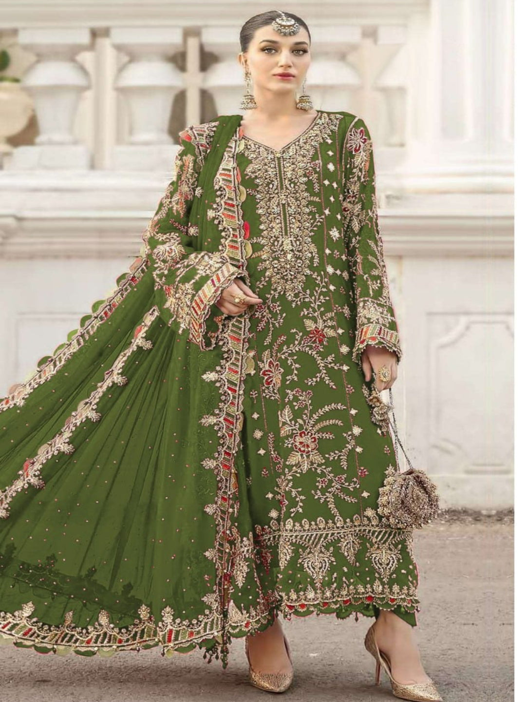 Women’s Chiffon Sequence Work Suit (XS to 5XL) with Khatli Neck Embroidery - RE