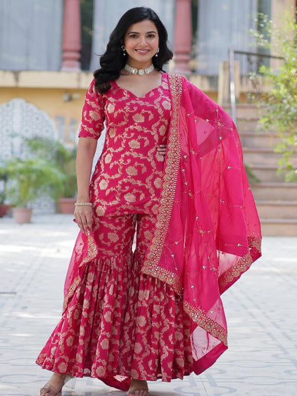 ES Georgette Jacquard Top, Gharara, and Dupatta with Sequins Embroidery and Lace Border