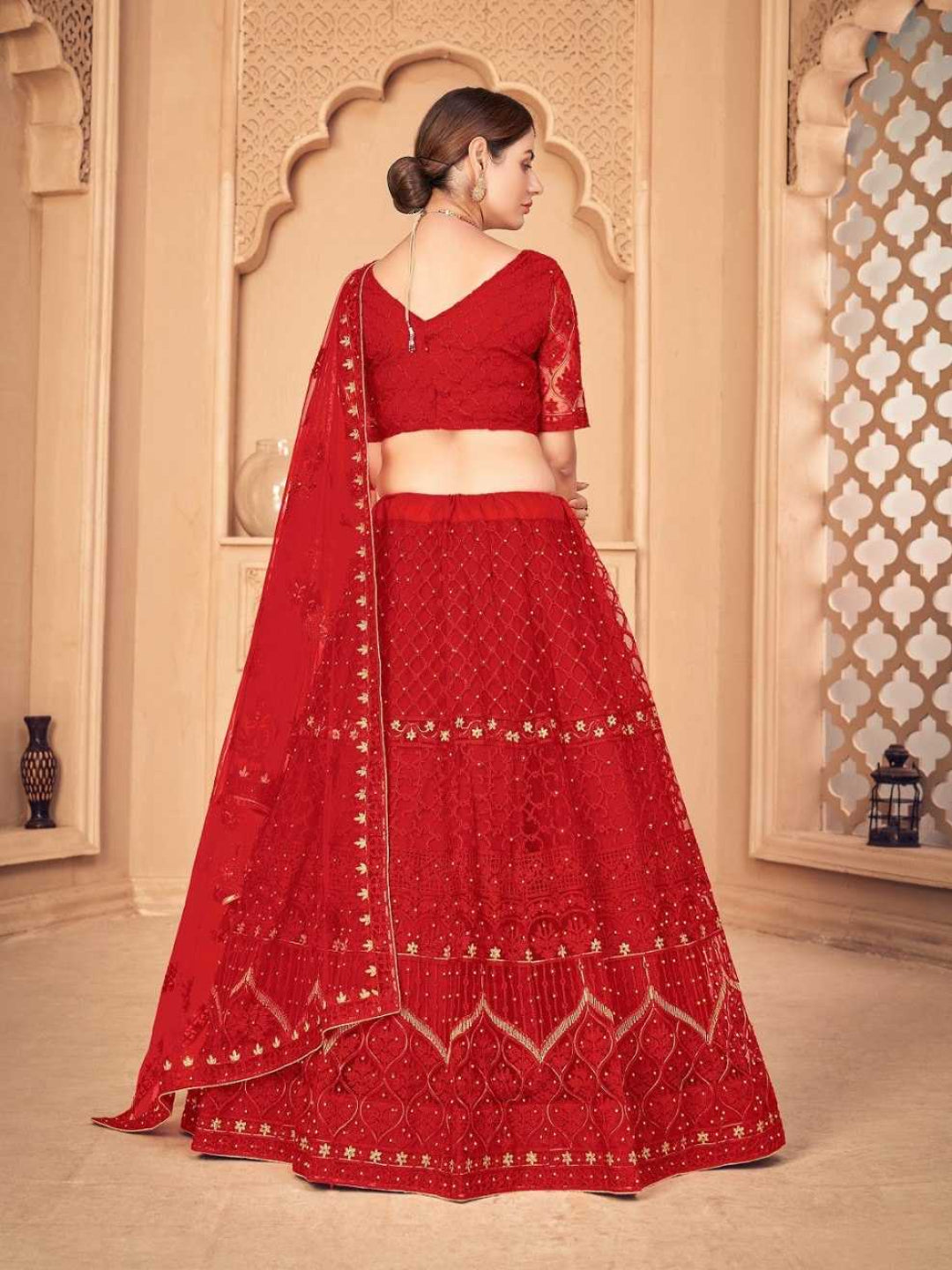 YNF Regal Red Net Lehenga Choli Set with Heavy Pearl & Embroidery Work