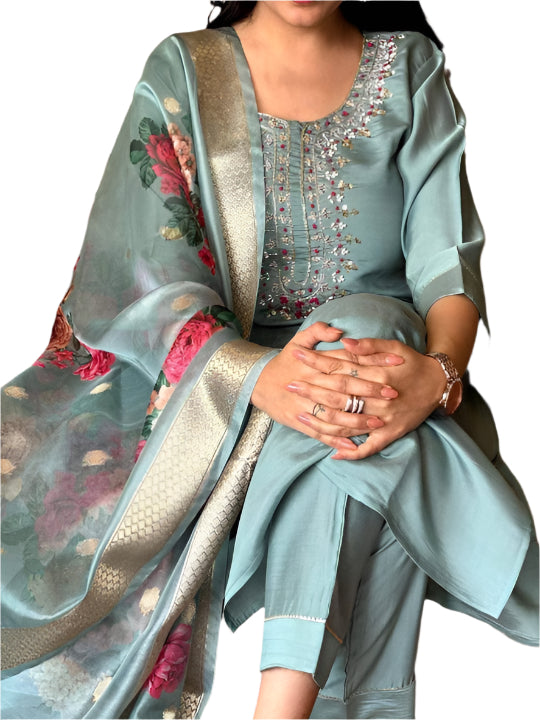 ICF Women Embroidery Chanderi Silk Kurta And Pant With Tissue Silk Dupatta