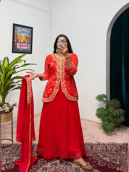 ES Women Faux Georgette Bandhani Koti-Lehenga 3 piece suit set