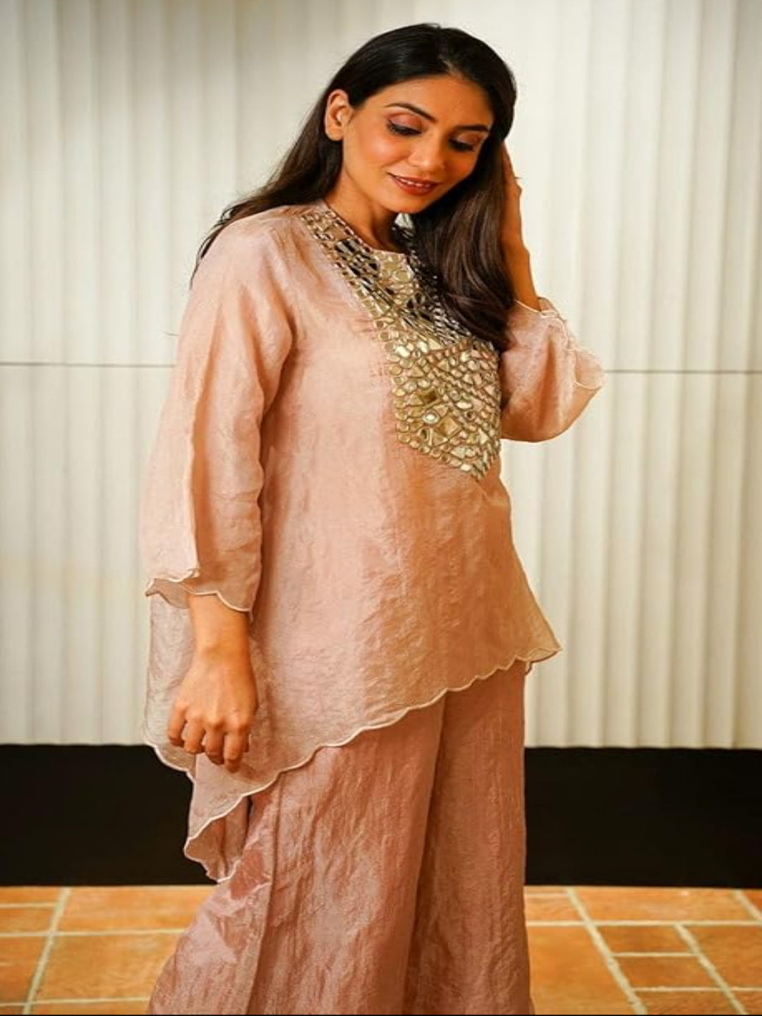 RE Designer Tebby Silk Co-ord Set with Mirror Work & Semi-Bell Sleeves