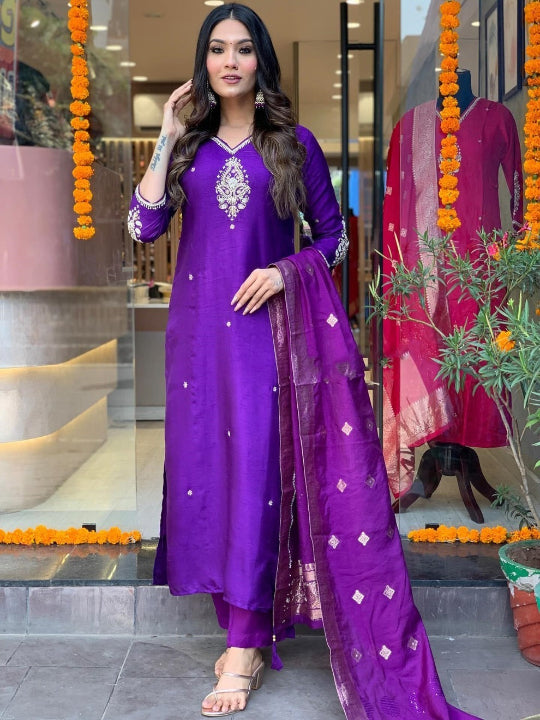 ICF Women's Viscose (Rayon) Straight Embroidered Kurta with Pant & Dupatta
