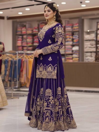 RE Zari & Sequin Work Georgette Kurti Set with 2.5m Flare Palazzo (M-3XL)