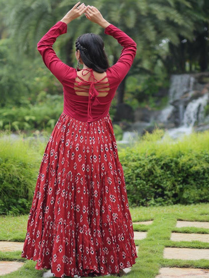 ES Maroon designer printed gown in heavy cotton with Kutchi