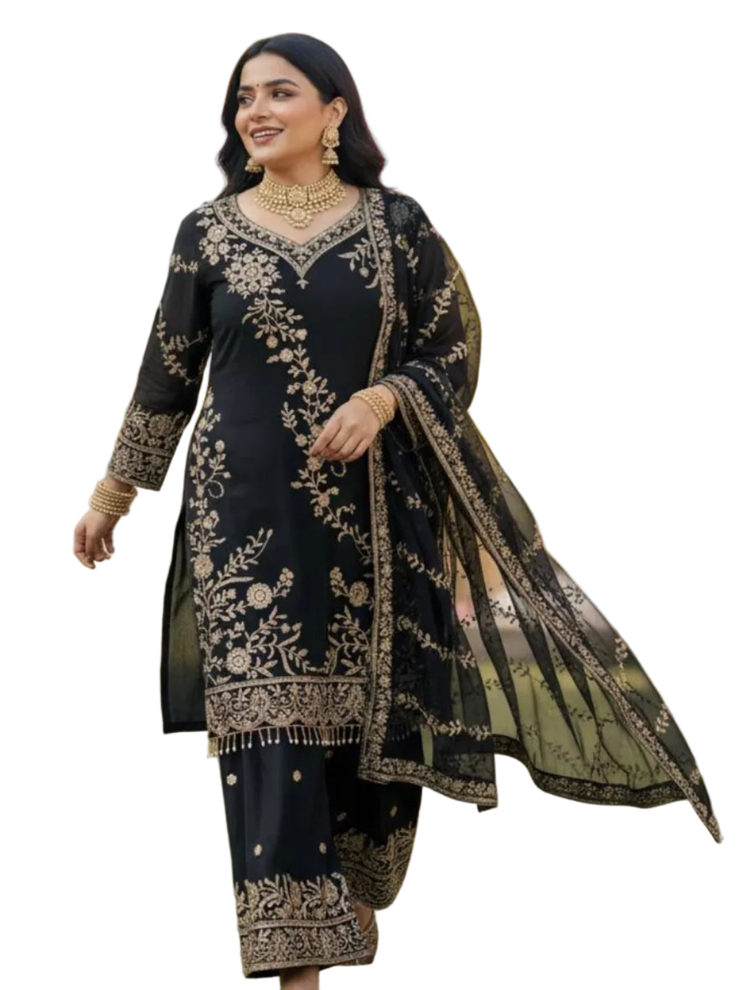 RE Semi Faux Georgette 3-Piece Kurti Plazzo Set with Sequence & Zari Work