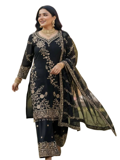 RE Semi Faux Georgette 3-Piece Kurti Plazzo Set with Sequence & Zari Work