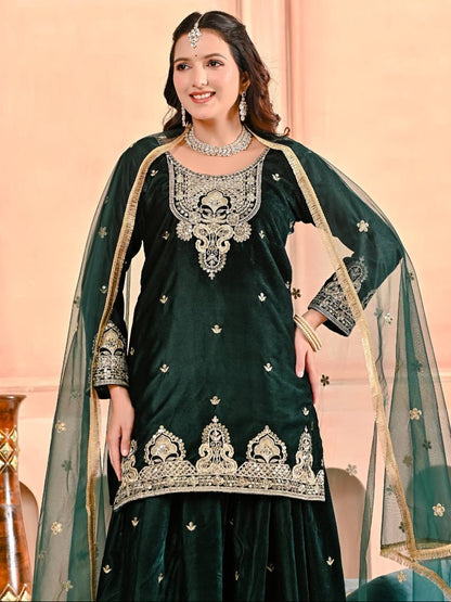 RE Pure Heavy Viscous Velvet Embroidered Sharara Palazzo Suit Set with Butterfly Net Dupatta (Sizes M-XXL)