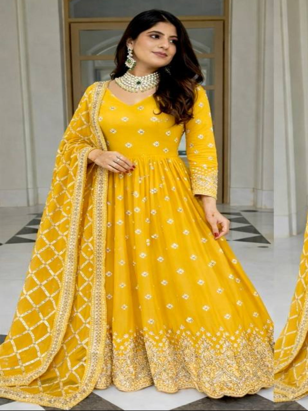 RE Heavy Fox Georgette Sequence Embroidery Gown Set with Butter Silk Pants & Zalar Dupatta