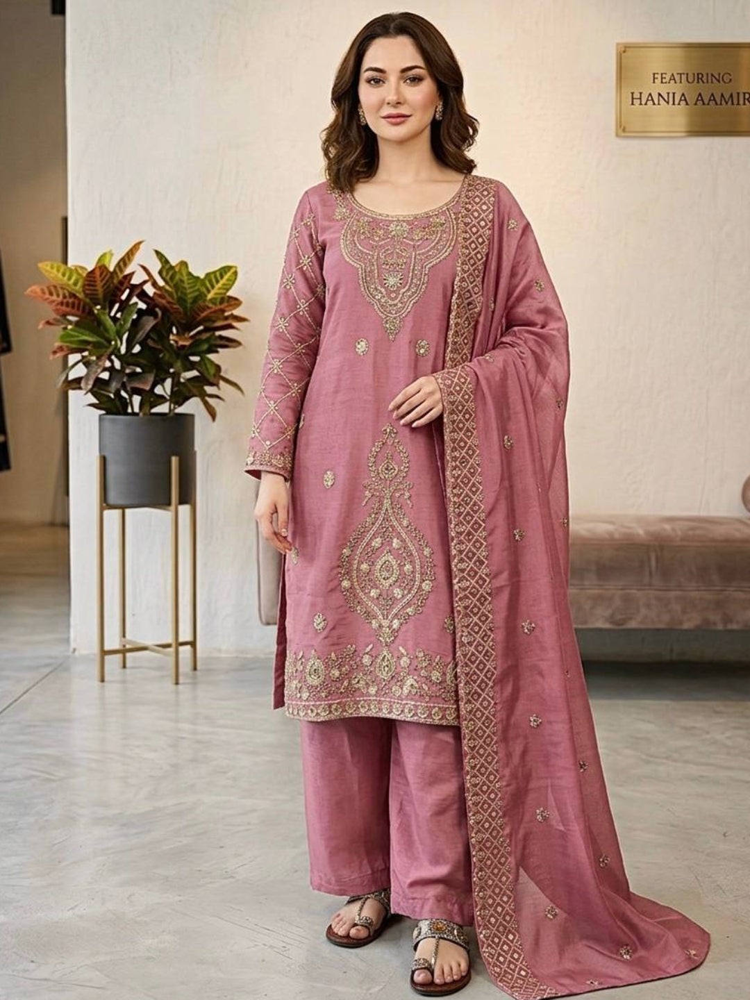 Women’s Jimmy Choo Silk Embroidered Top and Sharara Set with Sequence Cutwork Dupatta - RE