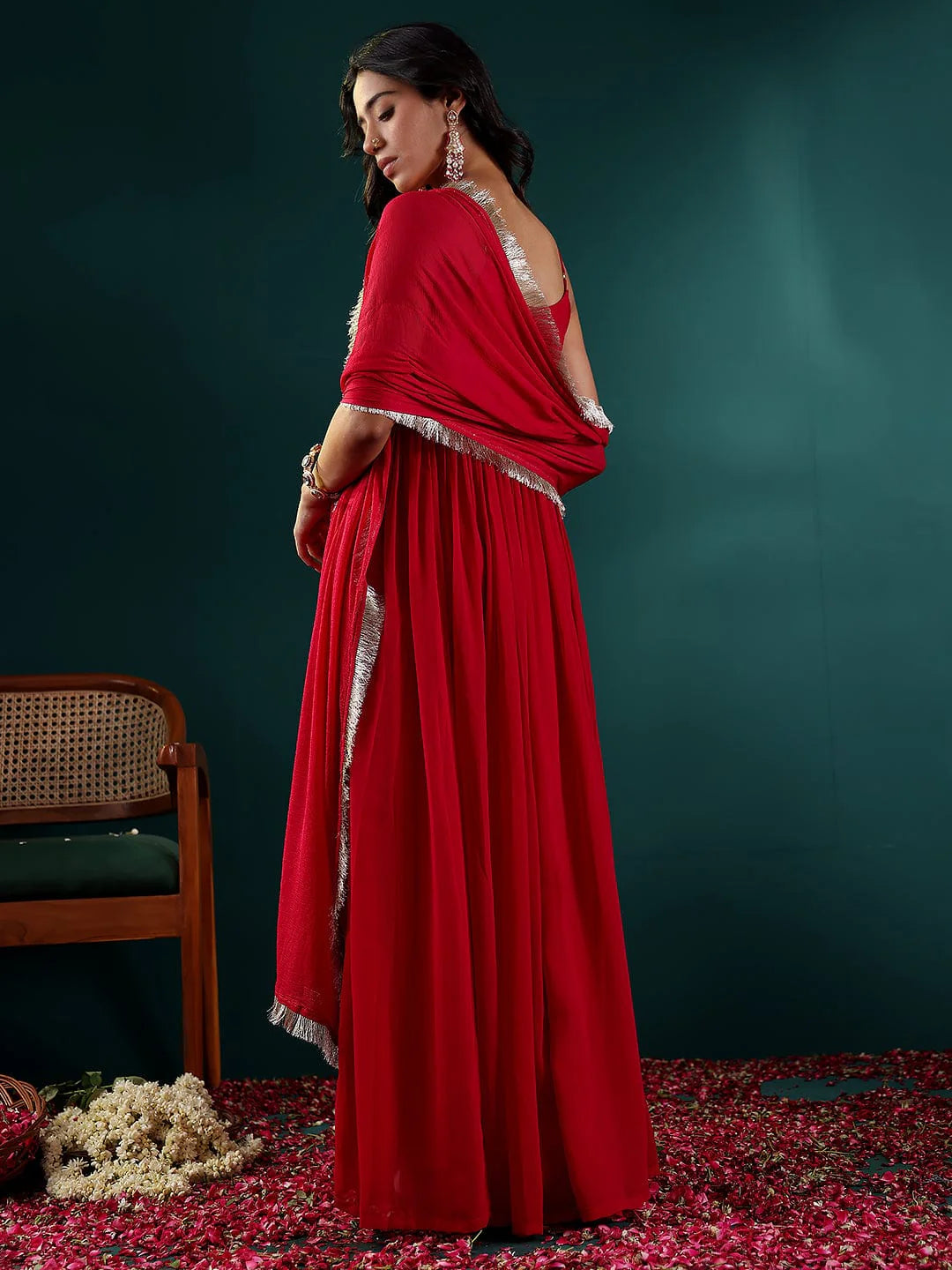KF Women Fuchsia Embroidered Anarkali Strap Kurta Paired With Tonal Dupatta
