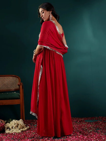KF Women Fuchsia Embroidered Anarkali Strap Kurta Paired With Tonal Dupatta
