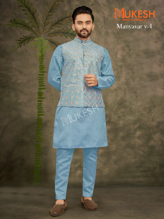 ES Heavy Banglori Silk Kurta-Pant-Koti Set  for a premium look