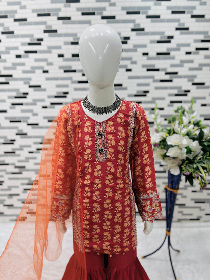 ES Elegant Heavy Chinon Top, Sharara, and Dupatta Set with Sequin Work for girls