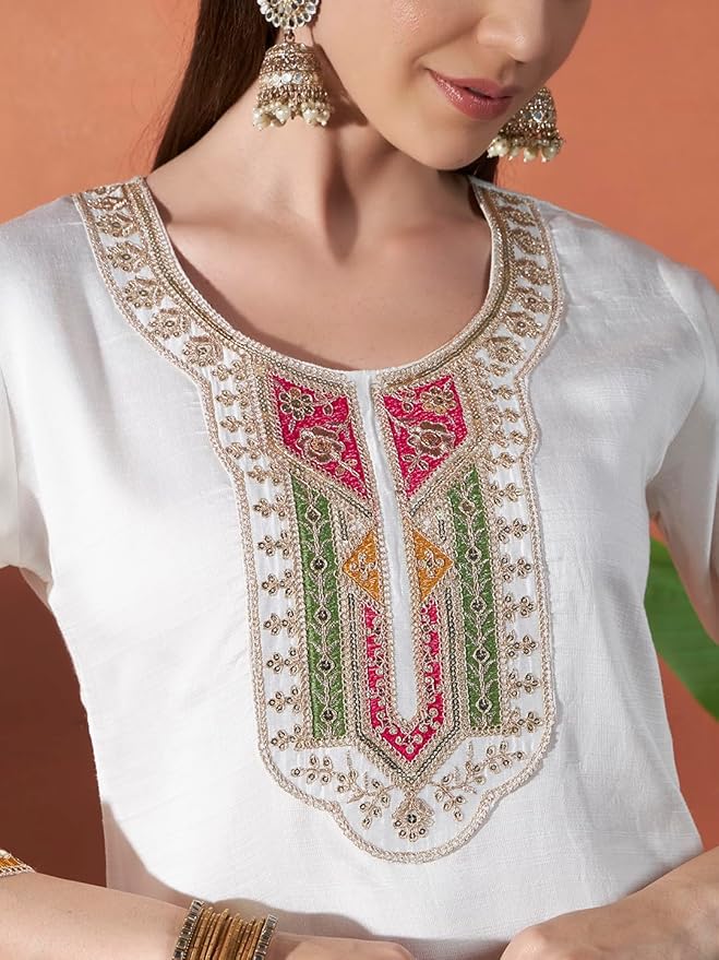 ICF Women’s White Vertigan Embroidered Kurta Set with Georgette Dupatta