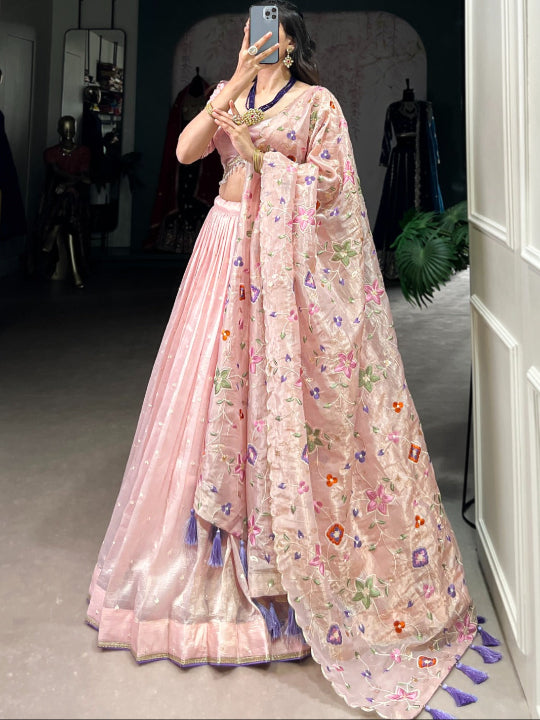 ES Lehenga Blouse & Dupatta with Sequins & Thread Embroidery work With Lace Border