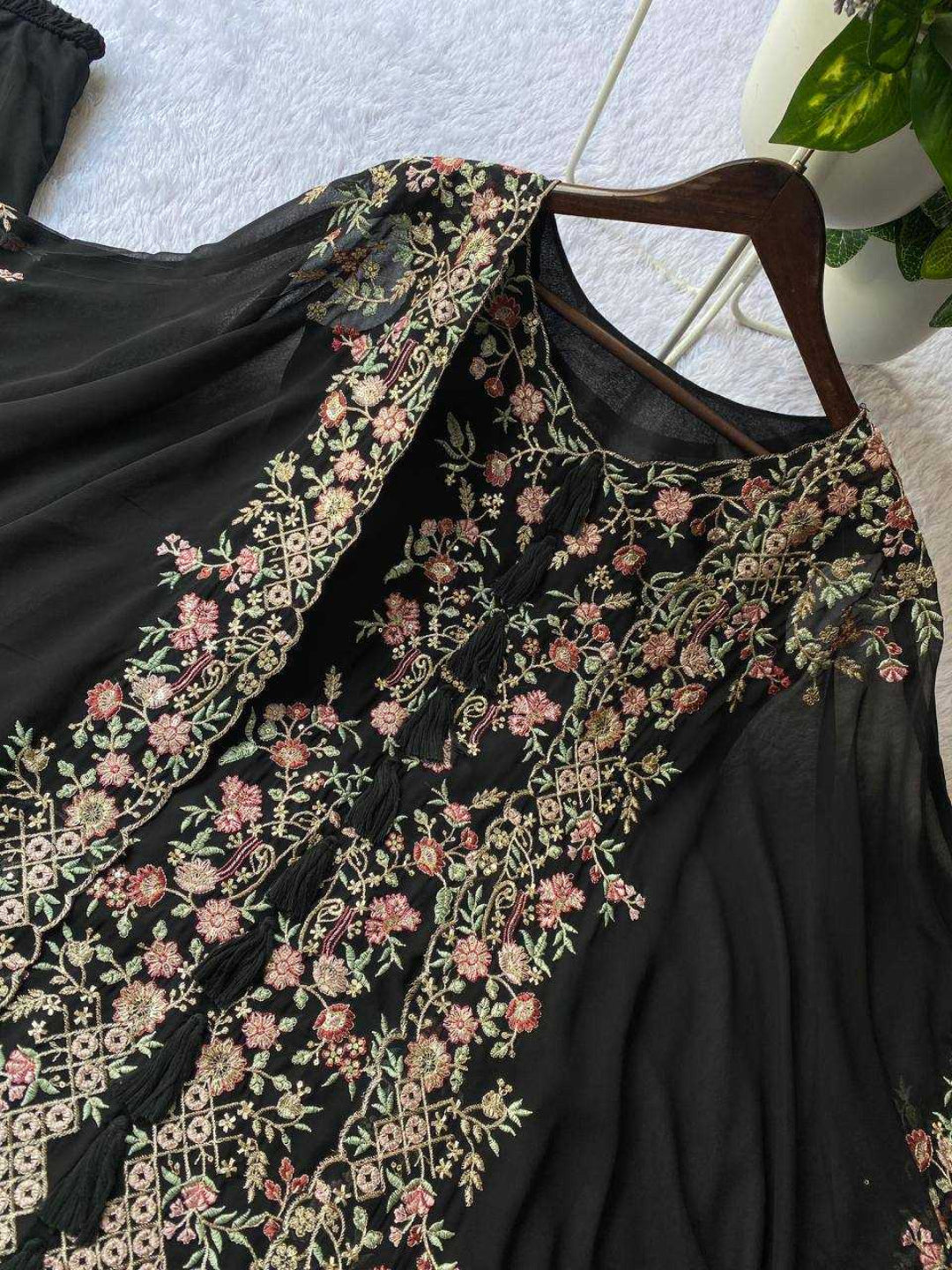 Women's Faux Georgette Sequence Embroidered 3-Piece Shrug, Kurta & Palazzo Set - RE