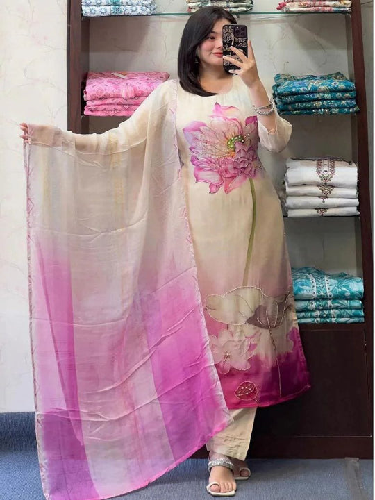 ES Elegant Heavy Orgenza Suit Set with Hand Work - Top, Bottom & Dupatta