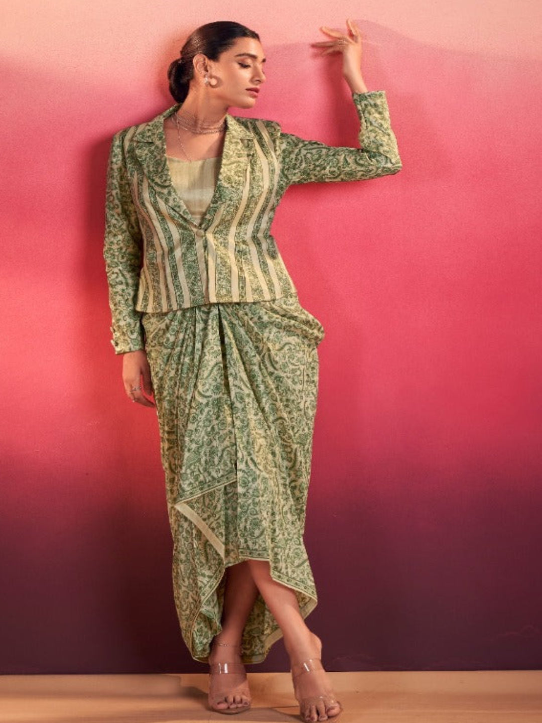 Women's Tasar Silk Printed 3-Piece Indo Western - Stitched Blouse, Top & Trousers- RE