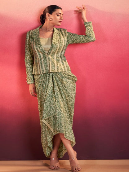 Women's Tasar Silk Printed 3-Piece Indo Western - Stitched Blouse, Top & Trousers- RE