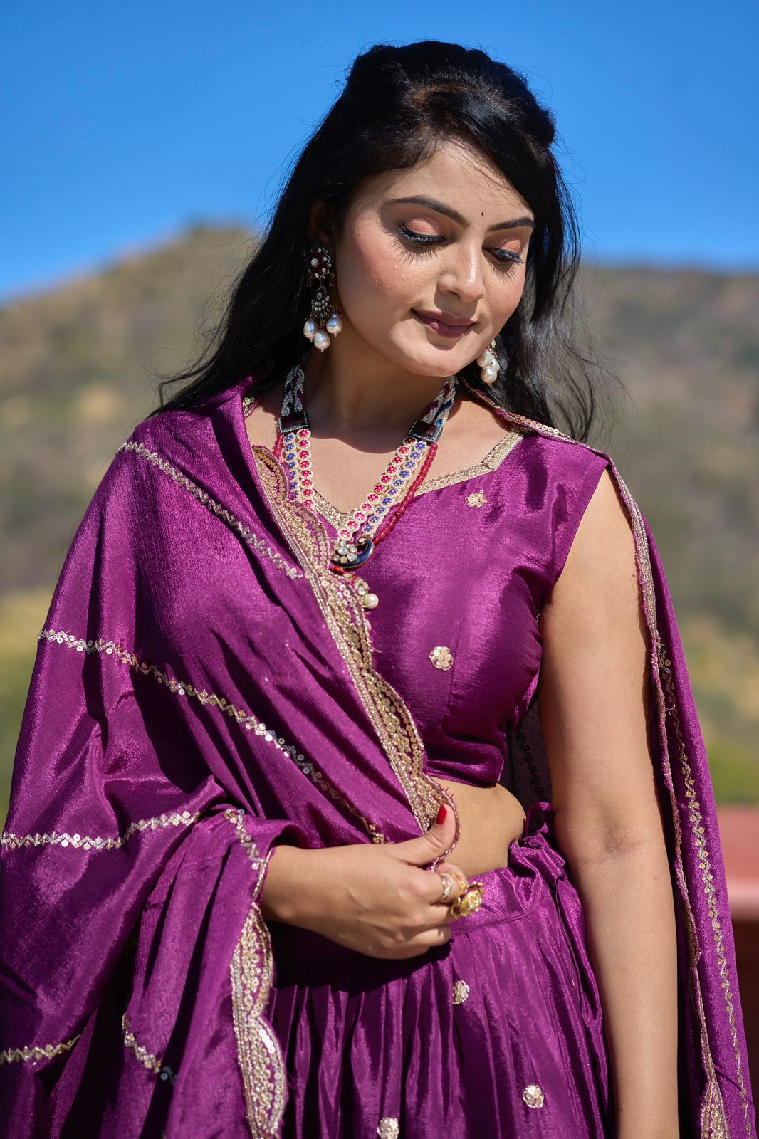 ES Heavy Chinon Silk Lehenga, Blouse & Dupatta with exquisite embroidery and zari work,