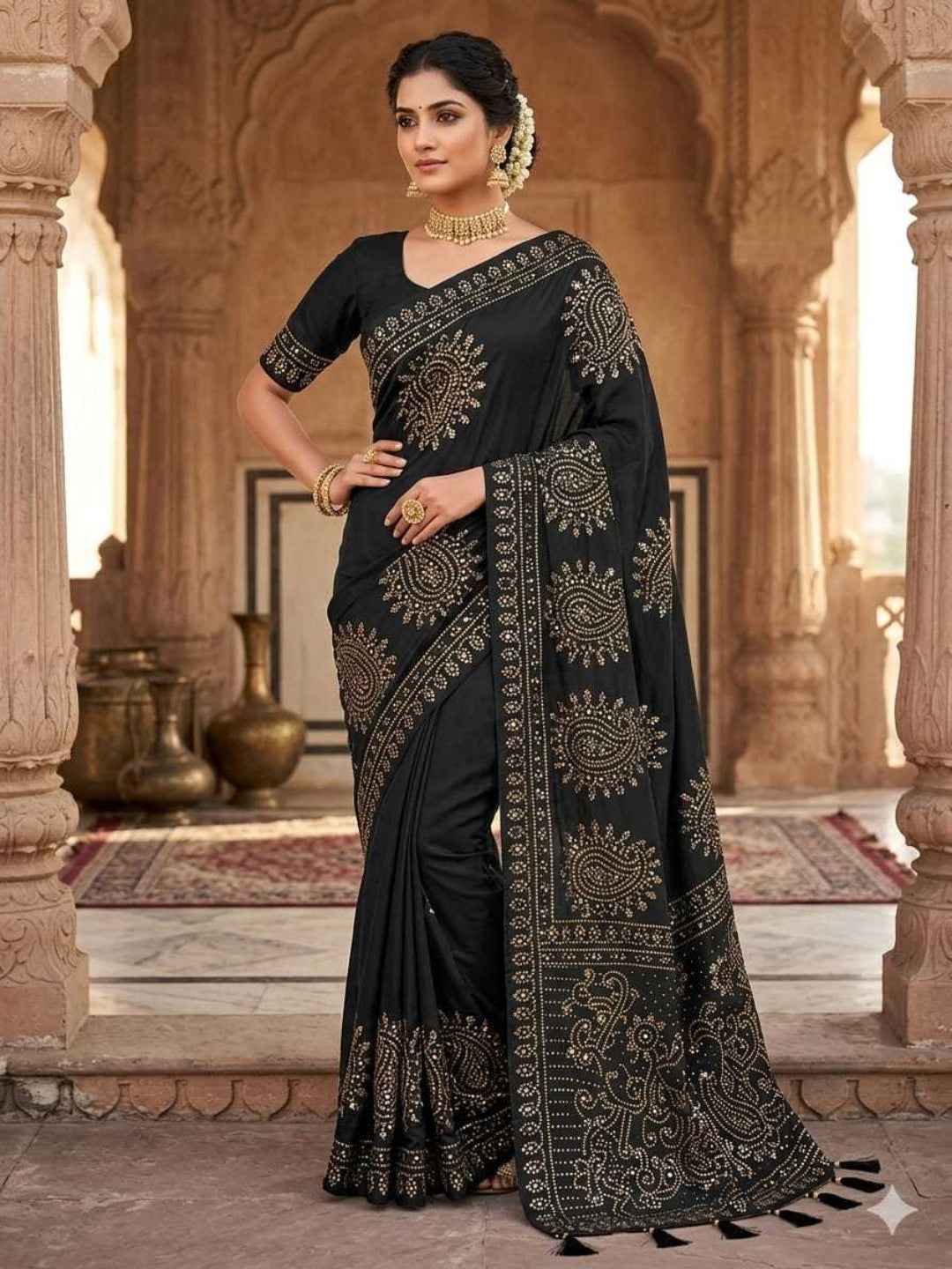 YNF Ajrakh Print Soft Satin Crepe Silk Saree with Real Mirror Work