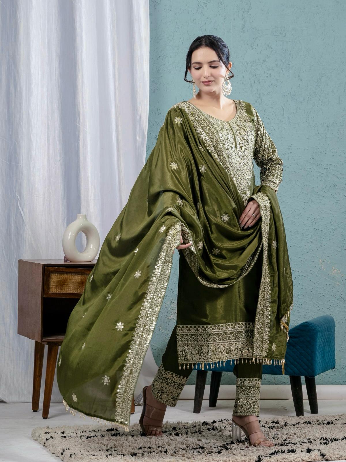 ES Chinnon Silk Suite With Heavy Embroidery Coding Sequence Work