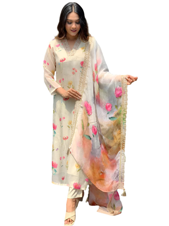 ICF Women Teby Silk  Floral Print Kurta with Pant & Dupatta
