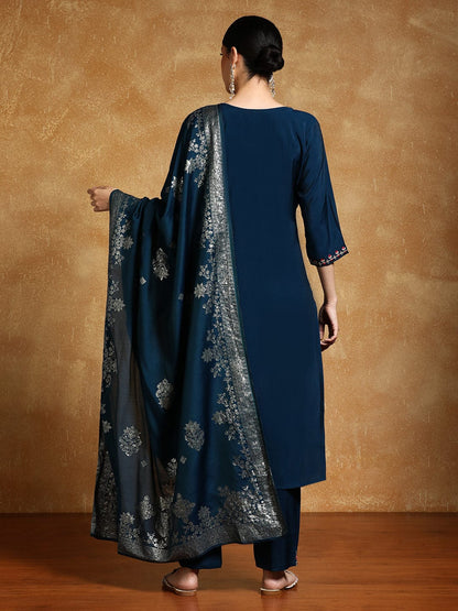KF Zari Embroidered Yoke with All Over Floral Motif Buta Kurta with Trouser & Dupatta