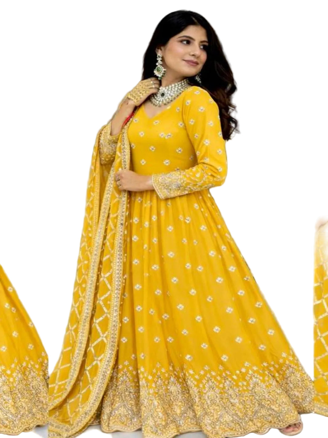 RE Heavy Fox Georgette Sequence Embroidery Gown Set with Butter Silk Pants & Zalar Dupatta