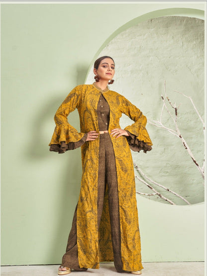 MV Women Floral Print Crop Top with Palazzo & Jacket Co-Ord Set -M-2XL