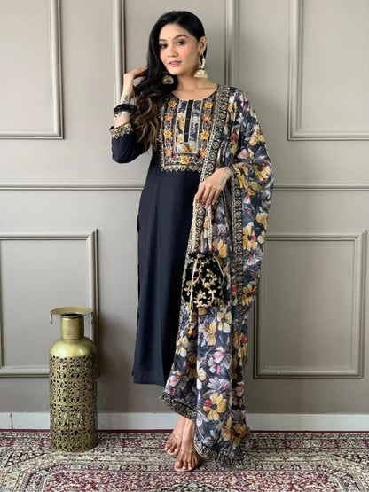 ICF Women's Roman Viscose Embroidered Kurta with Pant and Crep Silk Dupatta