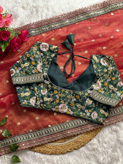 ES Women’s Soft Crush Saree with Golden Jari Butta and Fully Stitched Sequence Blouse