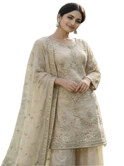 RE Designer Kundan Organza 3-Piece Kurti Set with Embroidery & Sequins